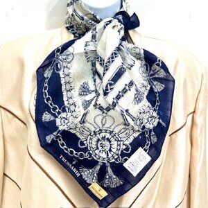 New Tag OnTRUSSARDI  Scarf Silk/Cotton  Square 23" Nary Blue white bow chain(64